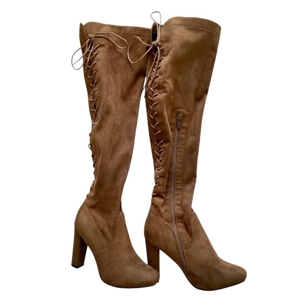 Fashion Nova Brown Suede Over The Knee Lace Up Boot Block Heel Zola Vonnie Boot - Picture 14 of 16